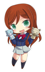 Rule 34 | 10s, 1girl, :d, brown hair, chibi, erusen (des-arms), green eyes, gundam, gundam build fighters, gundam build fighters try, hand puppet, kamiki mirai, long hair, looking at viewer, open mouth, pleated skirt, puppet, school uniform, simple background, skirt, smile, solo, white background