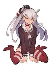 Rule 34 | 1girl, amatsukaze (kancolle), black dress, commission, distr, doyagao, dress, fang, fang out, grey hair, highres, kantai collection, long hair, long sleeves, pixiv commission, red footwear, red thighhighs, sailor dress, simple background, sitting, skin fang, smug, solo, thighhighs, twintails, wariza, white background, yellow eyes