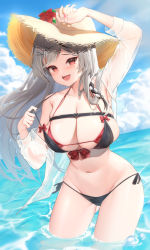 Rule 34 | 1girl, :d, absurdres, alternate breast size, arm up, bikini, black bikini, black hair, black ribbon, blue sky, bow, braid, breasts, cleavage, cloud, day, gluteal fold, grey hair, hair ornament, hairclip, hat, highres, hololive, large breasts, layered bikini, multicolored hair, navel, ocean, open clothes, open mouth, open shirt, outdoors, red bikini, red bow, red eyes, ribbon, sakamata chloe, samart, see-through, shirt, side-tie bikini bottom, side braid, sky, smile, solo, stomach, strap pull, straw hat, swimsuit, two-tone hair, virtual youtuber, wading, water, white shirt, x hair ornament, yellow hat