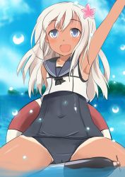 Rule 34 | 10s, 1girl, armpits, blush, cameltoe, child, eyebrows, flower, hair ornament, kantai collection, long hair, looking at viewer, one-piece swimsuit, open mouth, outdoors, ro-500 (kancolle), solo, swimsuit, tan, tanline, torpedo, watarurikka, water