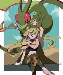 Rule 34 | 1girl, 1other, :d, arm up, bandaged arm, bandages, bright pupils, brown cape, cape, claws, creatures (company), crossed legs, double bun, dragon, dragon wings, flygon, flying, game freak, gen 3 pokemon, gloves, green cape, green pants, ground miku (project voltage), hair between eyes, hair bun, hatsune miku, highres, light green hair, long hair, mirai (3ra1 373), nintendo, open mouth, orange eyes, orange pants, pants, pokemon, pokemon (creature), project voltage, single glove, sitting, smile, solo, spiked hair, tight clothes, tight pants, twintails, two-sided fabric, two-tone cape, two-tone pants, very long hair, vocaloid, white footwear, white pupils, wings