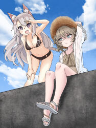 +_+ 2girls :/ :d animal_ear_fluff animal_ears arm_up armpits bare_legs bikini black_bikini blue_eyes blue_sky blush breasts brown_hair cat_ears cleavage cloud collarbone commission day dress_swimsuit fang feet flat_chest girls&#039;_frontline hair_between_eyes hand_on_own_hat hand_on_own_knee hat highres jacket jewelry leaning_forward long_hair looking_afar looking_ahead looking_to_the_side medium_breasts multiple_girls navel o_o_(ywsm2327) open_mouth outdoors p7_(girls&#039;_frontline) purple_eyes ring sandals see-through_clothes see-through_jacket shading_eyes sharp_teeth short_hair short_sleeves sitting sky smile straw_hat swimsuit symbol-shaped_pupils teeth thick_eyebrows toenails toes upper_teeth_only v-shaped_eyebrows webley_(girls&#039;_frontline) white_footwear white_hair white_jacket