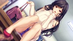 Rule 34 | 1girl, absurdres, amagi ryou, bag, black hair, blush, boku to joi no shinsatsu nisshi, bookshelf, breasts, brown eyes, cameltoe, censored, clothing cutout, dress, dutch angle, footjob, from below, game cg, groin, handbag, head rest, highres, indoors, knees together feet apart, large breasts, legs, long hair, looking at viewer, monety, mosaic censoring, open mouth, original, panties, pantyshot, penis, pov, shoes, shoulder cutout, sitting, sitting on table, smile, table, thighs, turtleneck, underwear