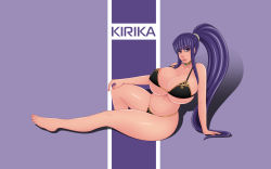 Rule 34 | 1girl, areola slip, bikini, breasts, choker, cleavage, curvy, dante grapes, eiken, full body, huge breasts, long hair, looking at viewer, misono kirika, navel, parted lips, ponytail, purple eyes, purple hair, sitting, solo, swimsuit, thick thighs, thighs, wide hips