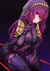 Rule 34 | 1girl, bad id, bad pixiv id, black background, breasts, fate (series), hood, hummingbird (artist), light smile, long hair, looking at viewer, purple hair, red eyes, scathach (fate), scathach (fate), seiza, simple background, sitting, solo, thighs
