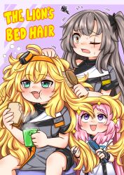 3girls :d absurdres black_shorts blonde_hair blush breasts brown_eyes brushing_another&#039;s_hair brushing_hair character_request check_character commentary cup eating english_commentary english_text fang flying_sweatdrops food girls&#039;_frontline girls&#039;_frontline_2:_exilium green_eyes grey_hair grey_jacket guin_guin hair_brush hairband helena_(girls&#039;_frontline_2) highres holding holding_brush holding_cup holding_food jacket medium_breasts mug multiple_girls one_side_up open_mouth orange_hairband pink_hair purple_eyes s.a.t.8_(girls&#039;_frontline) sandwich shirt short_sleeves shorts smile squiggle ump45_(girls&#039;_frontline) white_shirt