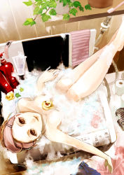 Rule 34 | 1girl, bad id, bad pixiv id, barefoot, bath, bottle, brown eyes, bubble bath, from above, hair ornament, hairclip, jewelry, kisugae, necklace, nude, original, pink hair, rubber duck, shampoo, soap bubbles, solo, toilet paper, top-load washing machine, washing machine, watch