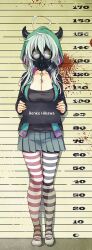 Rule 34 | 1girl, black shirt, blue hair, breasts, cleavage, collarbone, covered face, faceless, faceless female, gas mask, highres, hikawa renko, hood, hoodie, horns, jacket, key, large breasts, long hair, mask, mugshot, namanie, open clothes, open jacket, prison, psycome, school uniform, shirt, skirt, tagme, thighhighs, thighs