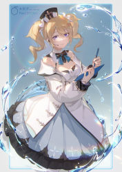 Rule 34 | 1girl, absurdres, artist name, barbara (genshin impact), black bow, black bowtie, black hat, blonde hair, blue background, border, bow, bowtie, breasts, cleavage, clipboard, closed mouth, detached collar, detached sleeves, dress, feet out of frame, frilled dress, frills, genshin impact, gradient background, hat, headset, highres, holding, holding clipboard, holding pen, layered dress, long hair, long sleeves, looking at viewer, mujizi, outside border, pen, pixiv id, purple eyes, sample watermark, smile, solo, standing, twintails, water, watermark, white border