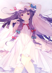 Rule 34 | 1girl, blue bow, blunt bangs, bow, bowtie, capelet, commentary request, cowboy shot, crescent, crescent pin, dress, eyes visible through hair, hair bow, hat, highres, long hair, long sleeves, looking at viewer, lying, multiple bows, patchouli knowledge, pink dress, purple eyes, purple hair, red bow, shinketsu kanyu, solo, touhou, very long hair