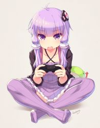 Rule 34 | 1girl, blueberry (5959), blush, dress, full body, hair ornament, highres, long hair, looking at viewer, open mouth, panties, pantyshot, pink panties, playing games, purple eyes, purple hair, purple thighhighs, ribbed sweater, round teeth, simple background, solo, sweater, teeth, thighhighs, tsurime, twintails, underwear, vocaloid, voiceroid, yuzuki yukari