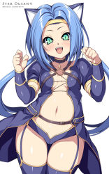 Rule 34 | 1girl, animal ears, blue hair, blue thighhighs, cat ears, character name, choker, circlet, copyright name, garter straps, green eyes, highres, kinoshita ichi, long hair, meracle chamlotte, navel, o-ring, slit pupils, smile, solo, star ocean, star ocean the last hope, thighhighs, thighs, twintails, white background, wide hips