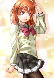 Rule 34 | 1girl, absurdres, bow, bowtie, highres, long sleeves, looking at viewer, love live!, love live! sunshine!!, medium hair, minami saan, open mouth, orange hair, red eyes, smile, solo, takami chika