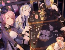 Rule 34 | 3girls, artist name, bad id, bad pixiv id, bangle, black gloves, black skirt, blonde hair, blue eyes, blue hair, blush, bracelet, braid, card, closed mouth, clubs, cup, detached sleeves, diamond (shape), dice, drink, drinking glass, drinking straw, earrings, eyebrows, frilled sleeves, frills, gloves, hairband, hat, head tilt, heart, highres, hoop earrings, jewelry, kuuki shoujo, lantern, leaning forward, long hair, magi in wanchin basilica, mania (fd6060 60), mini hat, mini top hat, multiple girls, open mouth, partially fingerless gloves, petals, pink hair, playing card, pleated skirt, poker chip, railing, red eyes, sergestid shrimp in tungkang, shadow, shrimp earrings, sitting, skirt, smile, spade (shape), swept bangs, the personfication of atmosphere, the personification of atmosphere, top hat, tray, xiao ma, xuan ying