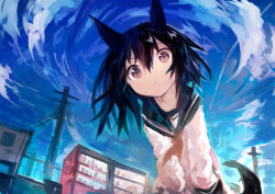Rule 34 | 1girl, :&lt;, absurdres, animal ears, black hair, black tail, brown eyes, cloud, cloudy sky, commentary request, copyright request, day, highres, kaamin (mariarose753), looking at viewer, medium hair, outdoors, raised eyebrows, red neckwear, school uniform, serafuku, sky, tail, transmission tower, vending machine