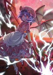 Rule 34 | 1girl, @ @, apron, bat wings, bow, brooch, building, cloud, dress, embers, frilled dress, frilled hat, frills, hair ornament, hat, highres, holding, holding weapon, jewelry, kutabiretainu, lightning, looking at viewer, moon, no nose, pink dress, pink headwear, purple hair, red eyes, red footwear, remilia scarlet, rooftop, shoes, short hair, sky, smile, socks, staff, standing, touhou, town, vampire, weapon, wings, wrist cuffs