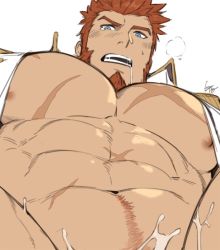 Rule 34 | 1boy, abs, bara, beard, blue eyes, blush, brown hair, bursting pectorals, censored, cum, epaulettes, facial hair, fate/grand order, fate (series), from below, gomtang, large pectorals, long sideburns, looking at viewer, male focus, muscular, napoleon bonaparte (fate), nipples, out-of-frame censoring, pectorals, pubic hair, saliva, scar, sideburns, simple background, solo, tearing up, teeth, upper body
