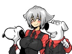 Rule 34 | 1girl, 2boys, absurdres, animal ears, black necktie, black vest, breasts, brian griffin, cerberus (helltaker), cerberus (helltaker) (cosplay), closed mouth, collared shirt, cookie (touhou), cosplay, crossover, family guy, great gonzales, helltaker, highres, impossible clothes, impossible vest, inubashiri momiji, kuso inu (cookie), large breasts, looking at viewer, multiple boys, necktie, peanuts (comic), pointing, red eyes, red shirt, shirt, short hair, simple background, snoopy, touhou, vest, white background, white hair, wolf ears