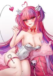 Rule 34 | 1girl, absurdres, ahoge, blush, bow choker, breasts, choker, cleavage, covered navel, demon girl, demon tail, demon wings, hair ornament, head wings, heart, heart ahoge, heart hair ornament, highres, ironmouse, ironmouse (race queen), jacket, large breasts, leotard, long hair, looking at viewer, multicolored hair, nail polish, navel, pink choker, pink eyes, pink hair, pink jacket, pink nails, pointy ears, purple hair, race queen, smile, solo, streaked hair, tail, thigh strap, twintails, virtual youtuber, vshojo, white background, white leotard, wings, yaebunny