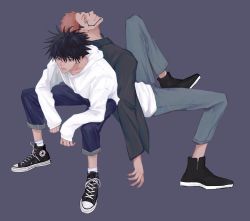 Rule 34 | 2boys, ankle boots, black hair, black nails, black shirt, blue background, boots, closed mouth, converse, denim, extra eyes, facial tattoo, full body, fushiguro megumi, hair between eyes, highres, hood, hoodie, invisible chair, jeans, jujutsu kaisen, long sleeves, looking at viewer, makababazi, male focus, multiple boys, nail polish, pants, pink hair, red eyes, ryoumen sukuna (jujutsu kaisen), shirt, shoes, short hair, sideburns, sitting, sleeves past wrists, smile, sneakers, spiked hair, tattoo, undercut, white hoodie, white legwear