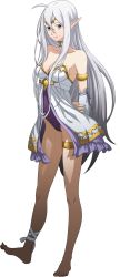 Rule 34 | 1girl, ahoge, ankle ribbon, armlet, arms behind back, bare legs, barefoot, breasts, bridal gauntlets, brown eyes, choker, circlet, cleavage, closed mouth, collarbone, detached sleeves, full body, hair between eyes, highres, langrisser, langrisser mobile, leg ribbon, leotard, long hair, long sleeves, medium breasts, official art, pointy ears, purple leotard, ribbon, silver hair, smile, solo, standing, straight hair, strapless, strapless leotard, thighlet, transparent background, very long hair, white choker, white ribbon, white sleeves, zerida