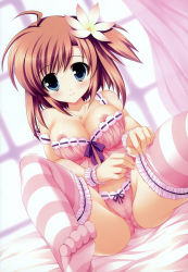 Rule 34 | 1girl, absurdres, adjusting clothes, adjusting legwear, ariko youichi, babydoll, bare shoulders, bed, blue eyes, blush, bow, bow panties, bra, breasts, brown hair, cameltoe, collarbone, curtains, feet, female focus, flower, hair flower, hair ornament, highres, image sample, indoors, jewelry, lingerie, looking at viewer, medium breasts, nakahara kaede, necklace, nipple slip, nipples, panties, pink panties, pink thighhighs, short hair, side ponytail, sitting, smile, solo, star (symbol), strap slip, striped clothes, striped thighhighs, thighhighs, toes, trouble@spiral!, underwear, underwear only, white thighhighs, wrist cuffs
