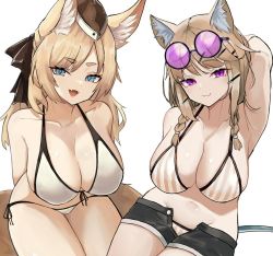 Rule 34 | 2girls, animal ears, arknights, arm up, armpits, blue eyes, breasts, closed mouth, fang, hair ornament, hairclip, hat, highres, large breasts, long hair, looking at viewer, multiple girls, open mouth, purple eyes, ribbon, shorts, simple background, skin fang, sunglasses, swimsuit, tail, unknownnoname0, utage (arknights), utage (summer flowers) (arknights), whislash (arknights), white background