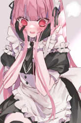 Rule 34 | 1girl, @ @, apron, black dress, black gloves, blush, bow, cowboy shot, detached sleeves, dress, embarrassed, frilled gloves, frills, gloves, hands on own cheeks, hands on own face, highres, hinamori (18ar0), large bow, long hair, maid, maid apron, maid headdress, open mouth, original, pink eyes, pink hair, ribbon, solo, v-shaped eyebrows, very long hair, wavy mouth