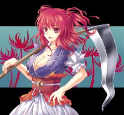 Rule 34 | 1girl, bad id, bad pixiv id, breasts, cleavage, female focus, flower, hair bobbles, hair ornament, kai aki, large breasts, onozuka komachi, open mouth, over shoulder, red eyes, red hair, scythe, short hair, smile, solo, spider lily, touhou, twintails, two side up, weapon, weapon over shoulder