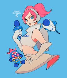 Rule 34 | 1girl, blue background, blue eyes, breasts, crop top, elbow gloves, from side, gloves, headset, highres, holding, holding microphone, looking at viewer, medium breasts, microphone, moov (mb 52), parted lips, pink hair, short hair, sleeveless, space channel 5, spacecraft, twintails, ulala, white gloves