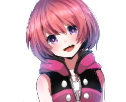 Rule 34 | 1girl, :d, blush, bright pupils, buttons, hair between eyes, head tilt, hood, hood down, jewelry, kairi (kingdom hearts), kingdom hearts, kingdom hearts iii, looking at viewer, meiwari, necklace, open mouth, purple eyes, red hair, short hair, simple background, sleeveless, smile, solo, upper body, white background, white pupils, zipper