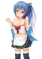 Rule 34 | 1girl, alternate hairstyle, black thighhighs, blue hair, blush, breasts, female focus, flat chest, frills, hinanawi tenshi, looking at viewer, navel, nipples, no bra, no headwear, no headwear, oukatihiro, ponytail, red eyes, skirt, small breasts, solo, strap pull, thighhighs, touhou