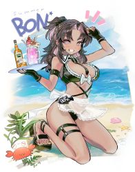 Rule 34 | 1girl, absurdres, alcohol, apron, arm up, armband, beach, bikini, black bikini, blue sky, bow, breasts, brown hair, character name, cherry, cloud, colored inner hair, crab, cup, dark-skinned female, dark skin, day, detached collar, drink, english text, fingerless gloves, fish, food, frills, fruit, glass, gloves, grin, hair ornament, hairpin, half updo, highres, holding, holding tray, ice cream, indie virtual youtuber, kneeling, large breasts, long hair, looking at viewer, maid, maid apron, maid bikini, mug, multicolored hair, necktie, notice lines, ocean, outdoors, parted bangs, pink eyes, pink hair, plant, pocky, ponytail, producer bourbon, sand, sandals, scrunchie, see-through, shading eyes, shell, signature, sky, smile, solo, soreeyu (sore-yu), spoon, starfish, swimsuit, teeth, thigh strap, tray, unconventional maid, virtual youtuber, water, wedge heels, whiskey, x hair ornament