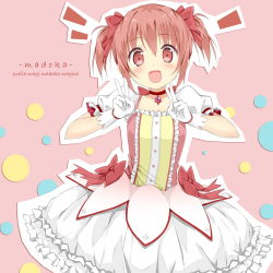 Rule 34 | 10s, 1girl, :d, bubble skirt, character name, choker, copyright name, double v, gloves, highres, kaname madoka, kantoku (style), looking at viewer, magical girl, mahou shoujo madoka magica, mahou shoujo madoka magica (anime), open mouth, pink background, pink eyes, pink hair, short hair, short twintails, skirt, sky-freedom, smile, solo, tareme, twintails, v