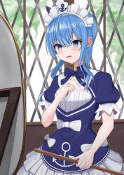 Rule 34 | 1girl, absurdres, alternate costume, anchor print, anchor symbol, blue bow, blue bowtie, blue dress, blue eyes, blue hair, blush, bow, bowtie, commentary request, cosplay, dress, dress bow, enmaided, frilled dress, frills, highres, hololive, hoshimachi suisei, looking at mirror, maid, maid headdress, medium hair, minato aqua, minato aqua (1st costume), minato aqua (cosplay), mirror, nail polish, open mouth, puffy short sleeves, puffy sleeves, shizukami chiro, short dress, short sleeves, side ponytail, sidelocks, solo, star (symbol), star in eye, symbol in eye, virtual youtuber, wavy mouth, white bow