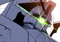 Rule 34 | close-up, green eyes, gundam, highres, kuri giepi, looking at viewer, looking down, mecha, methuss, no humans, one-eyed, robot, science fiction, solo, spot color, unfinished