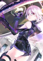 Rule 34 | 119, 1girl, armor, ass, back, breasts, brown eyes, elbow gloves, covered erect nipples, fate/grand order, fate (series), gloves, highres, holding, holding shield, looking at viewer, mash kyrielight, parted lips, purple hair, shield, short hair, solo