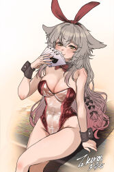 Rule 34 | 1girl, absurdres, animal ears, black ribbon, blush, bow, bowtie, breasts, card, chroong, cleavage, detached collar, gradient hair, grey hair, hair between eyes, hair ribbon, hairband, highleg, highleg leotard, highres, holding, holding card, large breasts, leotard, long hair, looking at viewer, multicolored hair, original, pink hair, playboy bunny, playing card, rabbit ears, red bow, red bowtie, red ribbon, ribbon, sitting, smile, solo, strapless, strapless leotard, wrist cuffs, yellow eyes