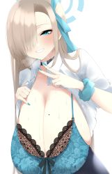 Rule 34 | 1girl, absurdres, aizawa marimo, asuna (blue archive), blue archive, blue bra, blue eyes, blush, bra, breasts, choker, cleavage, collarbone, collared shirt, grin, hair over one eye, halo, highres, huge breasts, lace, lace-trimmed bra, lace trim, light brown hair, long hair, looking at viewer, open clothes, open shirt, shirt, short sleeves, smile, sweat, underwear, white shirt