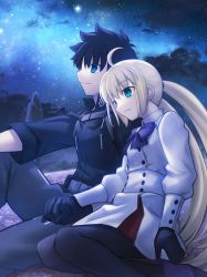 Rule 34 | 1boy, 1girl, ahoge, artoria caster (fate), artoria caster (second ascension) (fate), artoria pendragon (fate), belt, black gloves, black hair, black pantyhose, blue eyes, boots, bow, breasts, buttons, chaldea uniform, closed mouth, cloud, cloudy sky, collared shirt, fate/grand order, fate (series), flower, fujimaru ritsuka (male), fujimaru ritsuka (male) (polar chaldea uniform), gloves, green eyes, grey pants, jacket, long hair, long sleeves, night, night sky, pants, pantyhose, pink flower, purple bow, purple footwear, shirt, shoori (migiha), short hair, skirt, sky, small breasts, smile, star (sky), starry sky, twintails, white shirt, white skirt
