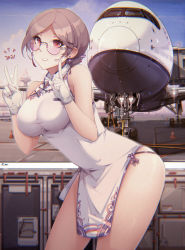Rule 34 | 1girl, absurdres, aircraft, airplane, airport, bare arms, blue sky, boeing 777, box, breasts, brown hair, china dress, chinese clothes, cloud, cone, control tower, dated, double v, dress, ear piercing, earrings, flight attendant, glasses, gloves, grin, hair ornament, highres, impossible clothes, jewelry, landing gear, large breasts, leaning forward, looking at viewer, looking over eyewear, looking over glasses, original, outdoors, parted bangs, piercing, pink-tinted eyewear, pink-tinted glasses, red eyes, senjouhara nira, sky, smile, standing, sunglasses, thighs, tinted eyewear, travel attendant, v, white dress, white gloves, x hair ornament