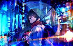 Rule 34 | 1girl, black hair, blue eyes, city, coat, duffel coat, floating hair, fringe trim, from side, highres, holding, holding umbrella, lights, long hair, looking at viewer, looking back, original, outdoors, parted lips, plaid, plaid scarf, rain, red scarf, scarf, solo, swept bangs, tlla, transparent, transparent umbrella, umbrella, upper body