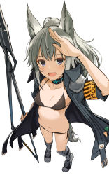 Rule 34 | 1girl, :d, animal ears, arknights, arm up, armband, bikini, bikini under clothes, black bikini, black choker, black jacket, blush, boots, breasts, choker, cleavage, collarbone, commentary request, duplicate, english text, from above, grani (arknights), grey footwear, highres, holding, holding weapon, horse ears, horse girl, horse tail, infection monitor (arknights), jacket, knee boots, long hair, looking at viewer, looking up, navel, ohta yuichi, open clothes, open jacket, open mouth, pixel-perfect duplicate, polearm, ponytail, purple eyes, salute, short sleeves, sidelocks, silver hair, small breasts, smile, solo, standing, stomach, swimsuit, tail, weapon