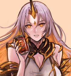 Rule 34 | 1girl, bare shoulders, blonde hair, breasts, can, cleavage, colored inner hair, commentary, drink can, english commentary, fire emblem, fire emblem heroes, forehead, gold horns, grey background, grey hair, gullveig (fire emblem), highres, holding, holding can, horns, large breasts, long hair, looking at viewer, multicolored hair, nintendo, pale skin, parted bangs, parted lips, sethkiel, simple background, single horn, soda can, solo, very long hair, yellow eyes
