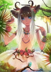 Rule 34 | 1girl, blue eyes, fingernails, fiodo, flat chest, flower, hair over breasts, highres, horns, jewelry, long fingernails, long hair, monster girl, necklace, original, see-through, sheep girl, silver hair, solo, topless, water