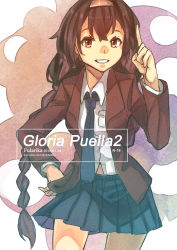 Rule 34 | 1girl, abstract background, absurdres, artist name, black hair, blazer, blue necktie, braid, brown eyes, cowboy shot, dated, fularika, grin, hairband, hand on own hip, highres, jacket, long hair, looking at viewer, low twintails, necktie, original, pointing, school uniform, skirt, smile, solo, twin braids, twintails, very long hair