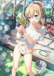 Rule 34 | 1girl, :d, blonde hair, blue bra, blue eyes, bra, breasts, bucket, cleavage, collarbone, forest, grass, hair between eyes, hair bobbles, hair ornament, hammock, highres, holding, holding water gun, hose, house, kantoku, looking at viewer, mountain, nature, navel, open mouth, original, outdoors, panties, ponytail, porch, see-through, see-through shirt, shirt, sidelocks, small breasts, smile, solo, standing, summer, tied shirt, tree, underwear, water gun, wet, wet clothes, wet shirt, white panties, white shirt