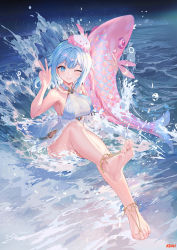 Rule 34 | 1girl, anklet, armpits, atdan, bare arms, bare shoulders, barefoot, blue eyes, blue hair, breasts, dress, fish, haiyi, halter dress, halterneck, hand up, hat, highres, jellyfish, jewelry, large breasts, long hair, looking at viewer, one eye closed, short dress, sleeveless, sleeveless dress, smile, solo, synthesizer v, thighs, v, water, white dress