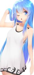 Rule 34 | 1girl, ;o, absurdres, bad id, bad pixiv id, bare arms, bare shoulders, black bow, blue eyes, blue hair, blush, bow, breasts, collarbone, dress, dutch angle, gradient hair, hair between eyes, hand up, highres, hinanawi tenshi, long hair, multicolored hair, one eye closed, parted lips, purple hair, simple background, sleeveless, sleeveless dress, small breasts, solo, touhou, very long hair, white background, white dress, yusake san