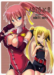 Rule 34 | 00s, 2girls, blonde hair, blue eyes, breast envy, breasts, fate testarossa, fate testarossa (sonic form), highres, lyrical nanoha, mahou shoujo lyrical nanoha, mahou shoujo lyrical nanoha a&#039;s, multiple girls, open clothes, open shirt, pink hair, ponytail, red eyes, shirt, signum, soba (saz), spandex, twintails